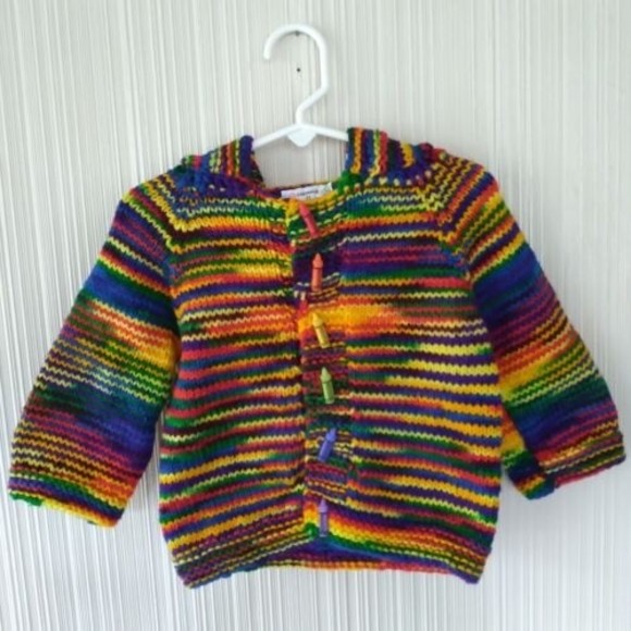 Handmade Knitted Colorful Sweater Cardigan Hoodie Crayon Buttons Hooded 12" P2P - Picture 2 of 10